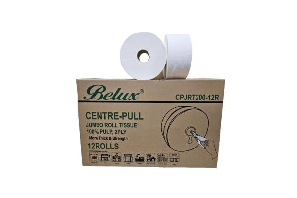 Center Pull Jumbo Toilet Roll Tissue JRT 12 Rolls x 200M 100% Pulp